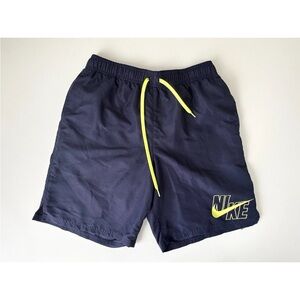 Nike M Swim Trunks Navy Logo Elastic Waist Drawstring Buit-in-Brief Pockets